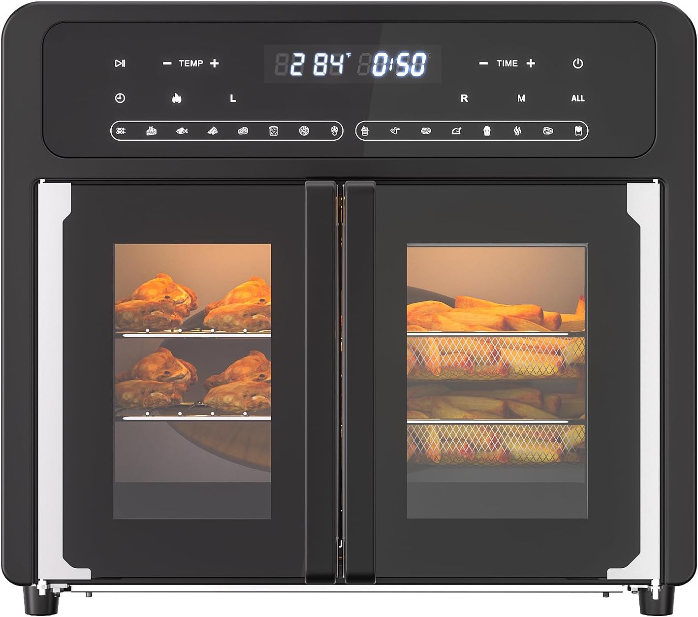 Toaster Oven Countertop, 360 Convection Oven with French Door, Digital Fryer Ovens, 16-In-1 Cooking Preset, Dual-Zone, 26L Large Size, Black