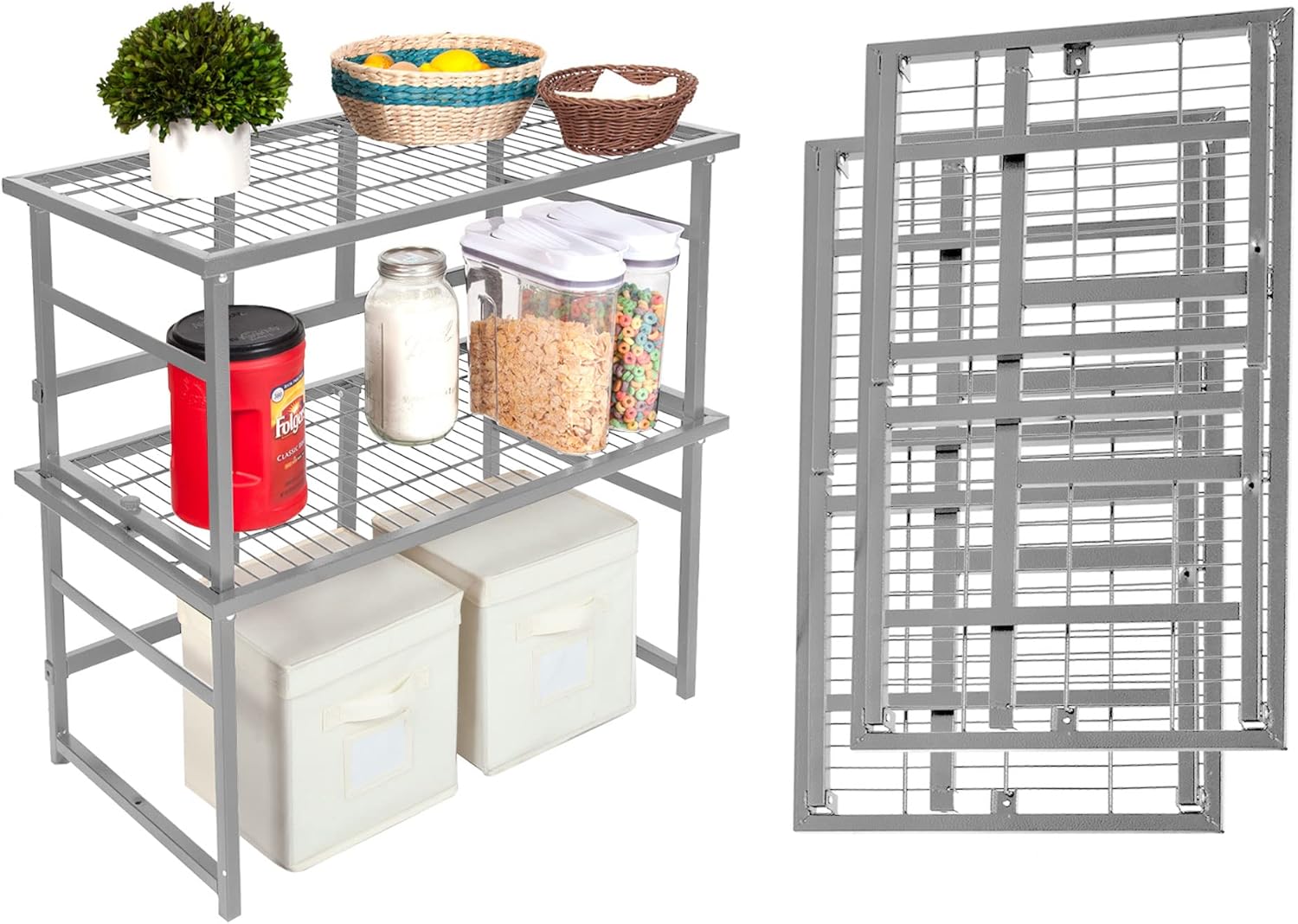 Origami R1 Stackable Storage Shelf, Collapsible/Foldable Steel Shelving Holds up to 150 Pounds (Per Rack), Modular Heavy Duty Garage Storage & Organization Utility Shelf- (2-Pack) (Pewter, R1)