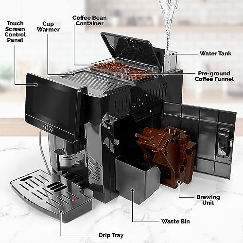 Zulay Magia Super Automatic Coffee Espresso Machine - Durable Automatic Espresso Machine With Grinder - Espresso Coffee Maker With Easy To Use 7” Touch Screen, 20 Coffee Recipes, 10 User Profiles