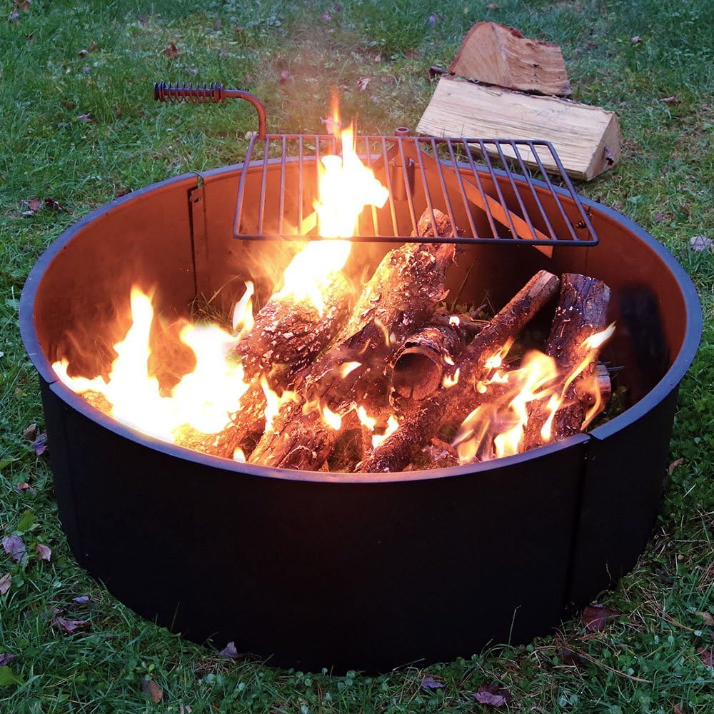 Sunnydaze Wood Burning Fire Pit - Campfire Ring with Cooking Grate and Fire Poker - 36 Inch Outdoor Camping Firepit - Heavy Duty 2mm Thick Steel - BBQ Grill