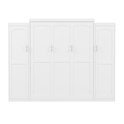 KLMM Wooden Murphy Bed Wall Bed with 2 Wardrobe and Storage Shelf,Foldable Platform Bedframe for Guest-Room Bedroom Study Office Use (White#E, Full)