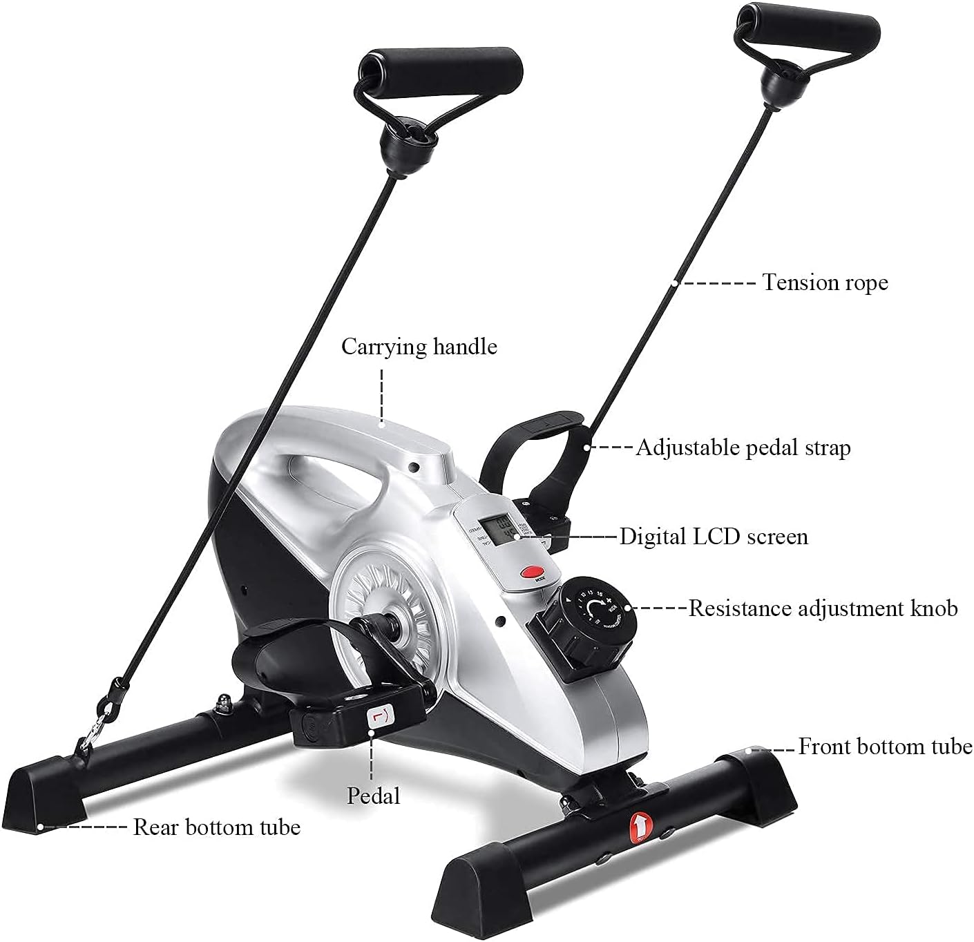Under Desk Bike Pedal Exerciser, 16 Levels Resistance Magnetic Exercise Bike LCD Monitor for Arm Leg Body Workout at Home & Office for Elderly Recovery & Exercise (Resistance Bands Included)
