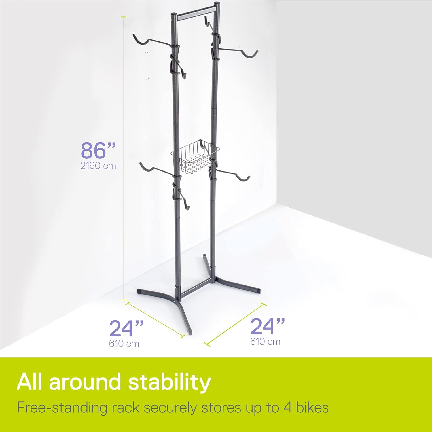 Delta Cycle 4 Bike Rack Garage - Bike Storage Rack with Basket - No Drilling Required - Fully Adjustable Vertical Bike Rack for Any Style Bicycle - Freestanding Wall Bike Rack Holds Up to 160 lbs