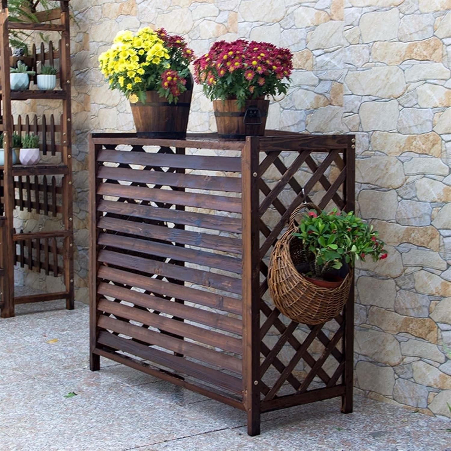 Air conditioner fence 3 panel, ac fence for outside unit, Air Conditioner Privacy Fence Screen Outdoor, Plant Stand, Carbonized Wooden Louvered Radiator Covers, For Outdoor Privacy(Size:120*57*100cm)