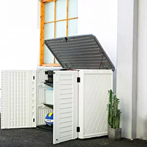 KINYING 4.2'x3.4'ft. Outdoor Large Horizontal Storage Shed, Weather Resistant Resin Tool Shed, Multi-Opening Door for Easy Storage of Trash Cans, Garden Tools, Lawn Mowers, Waterproof, Lock