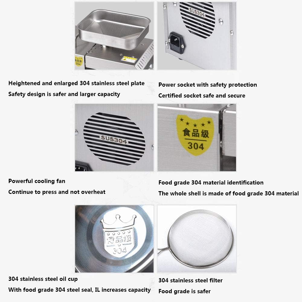 Commercial Oil Press Machine Cold/Hot Nut Oil Extractor 304 Stainless Steel Oil Expeller Electric Automatic Oil Mill for Peanut Coconut Olive Etc 610W