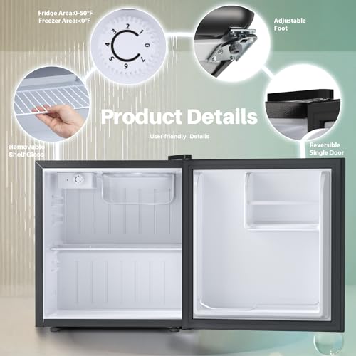 Kismile Mini Fridge with Freezer, 1.6Cu.ft Compact Refrigerators with Removable Shelves, Adjustable Thermostat, Reversible Single Door Small Fridge for Apartment, Home, Office