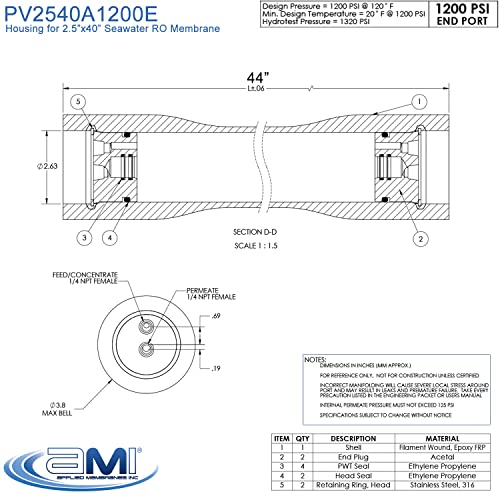 Seawater RO Membrane Housing for 2.5" x 40" SWRO Membrane | 1000 psi Fiberglass | Replacement Pressure Vessel for WaterMaker | Fits M-S2540A & SW30-2540 | PV2540A1000E