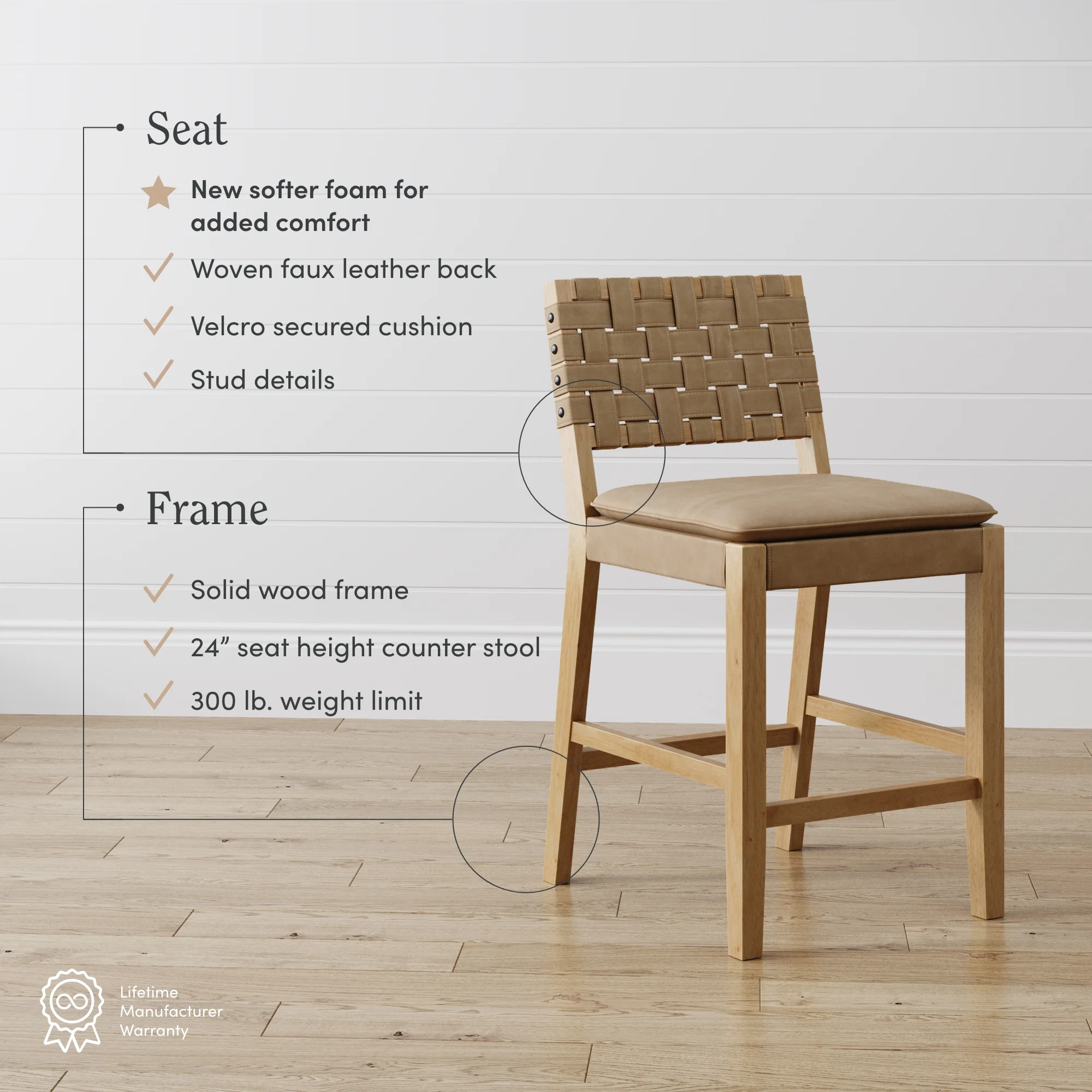 Nathan James Cohen Mid-Century Modern Leather Bar Stool, Counter Height Chair in Solid Wood Frame with Footrest and Woven Leather Back for Kitchen