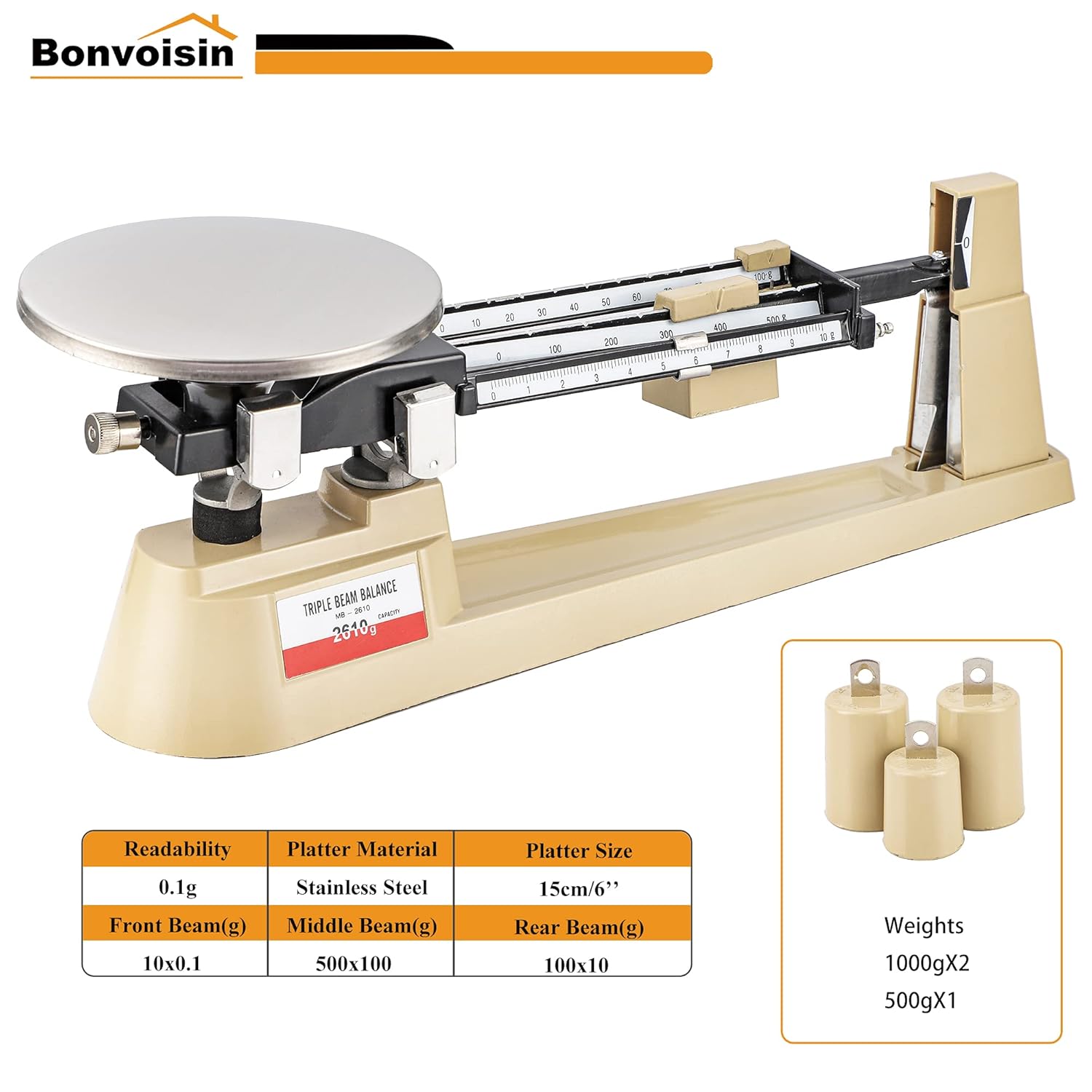 Triple Beam Scale Bonvoisin Lab Mechanical Balance 2610g/0.1g with Stainless Steel Weighing Platter (Triple Beam Scale)