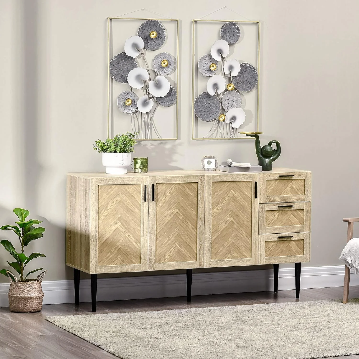 Coffee Bar Cabinet, Sideboard with Drawers and Adjustable Shelves for Living Room, Kitchen, Oak