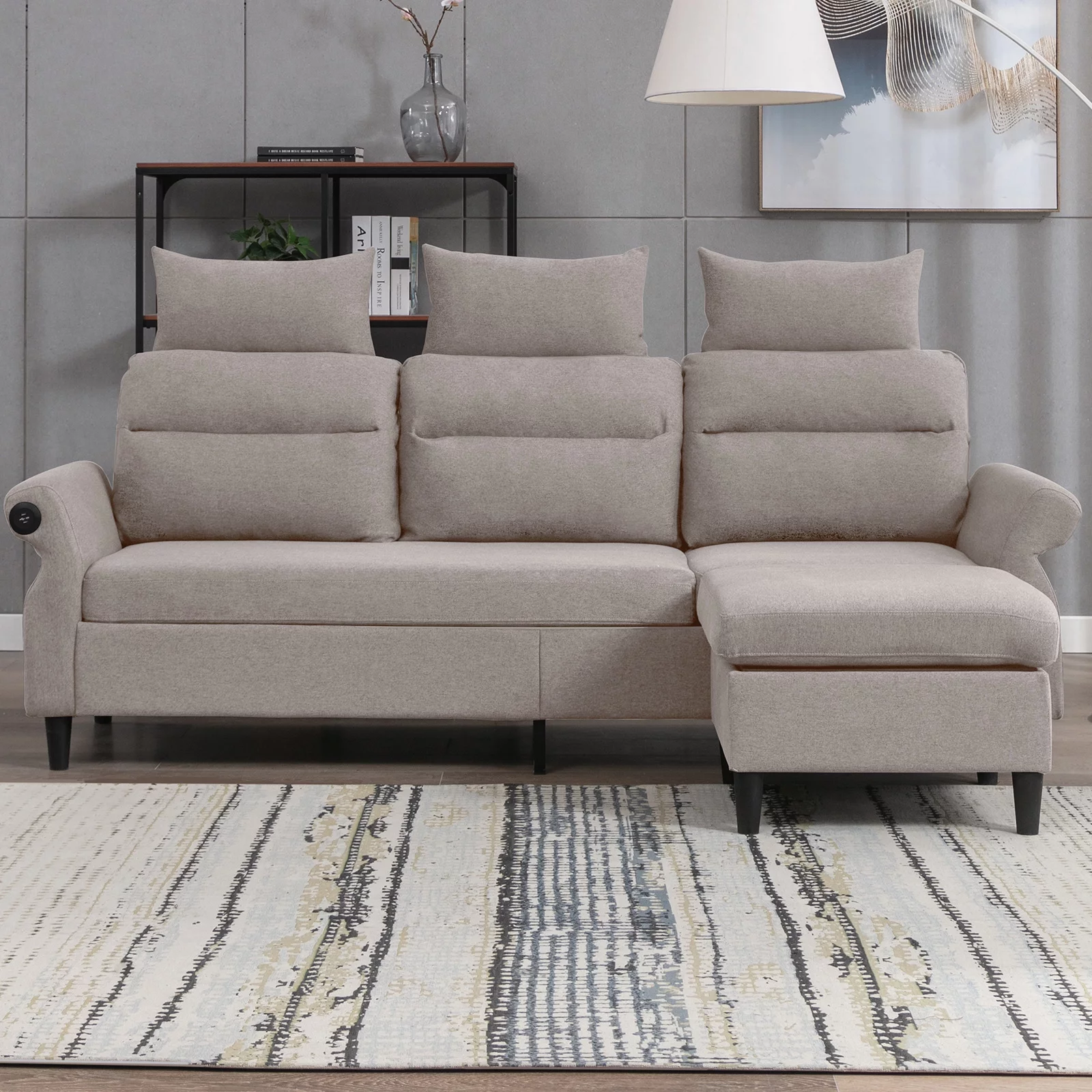 Mjkone L-Shaped Couch with Storage Ottoman and 2 USB Ports, Convertible Sectional Sofa Couch with Adjustable Armrest, Living Room Furniture Suitable for Apartment/Living Room,Beige