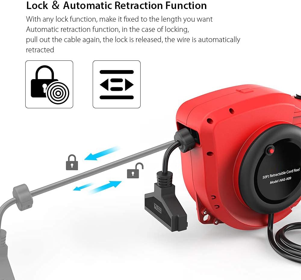 50FT Retractable Extension Cord Reel, 14AWG 13A Electrical Power Cord Reel, 3C SJT with Grounded Triple Tap Outlet, Wall/Ceiling Mount (180°Swivel), Adjustable Stopper Pack of 2