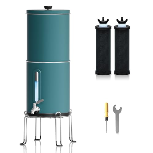 Purewell Gravity Water Filter System, 2.25 Gallon Stainless Steel Countertop System with 2 Black Filters, Visible Window and Stand,Reduce up to 99% Chlorine