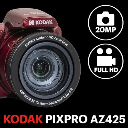 Kodak PIXPRO AZ425 Astro Zoom 20MP Full HD Digital Camera, Red, Bundle with 32GB Memory Card and Camera Bag