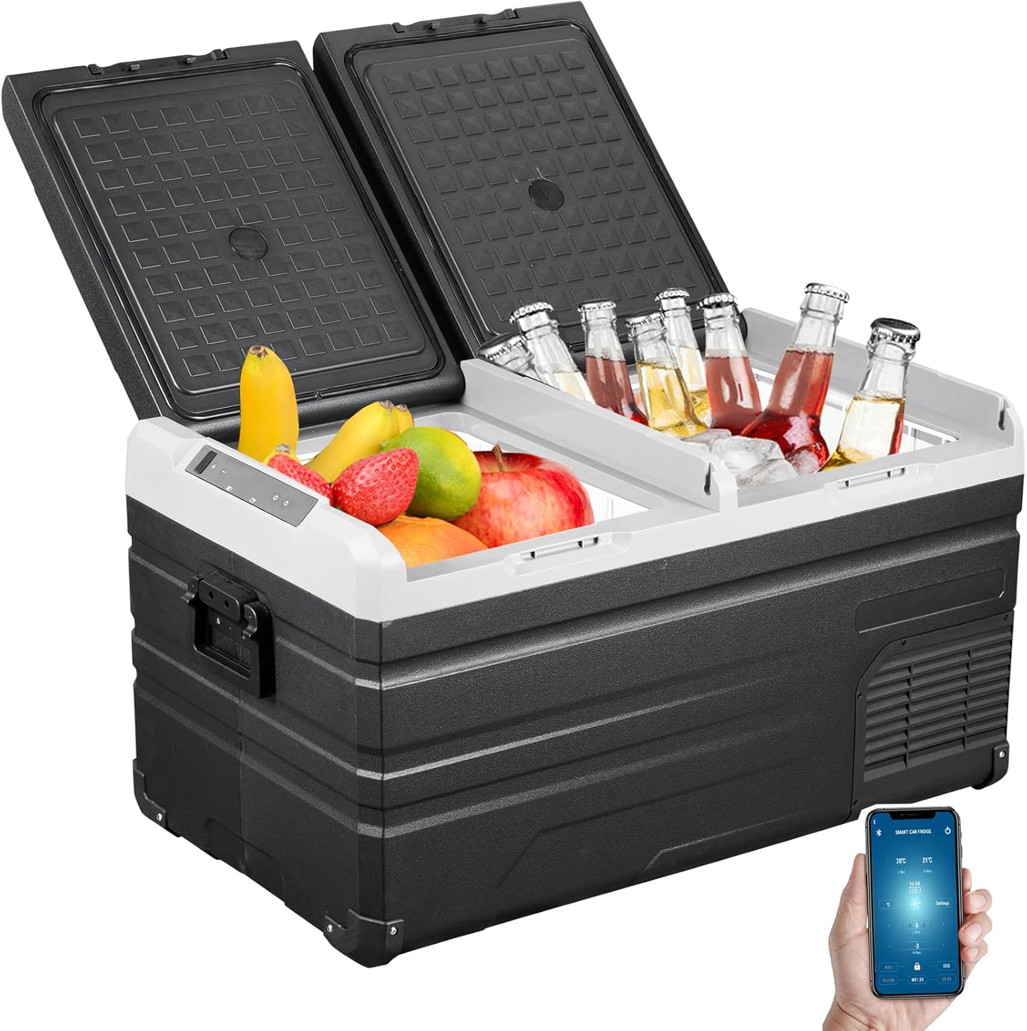 VEVOR 12 Volt Refrigerator 48Qt, Dual Zone Car Fridge Freezer w/App Control & Wheels 12/24V DC & 110-240V AC Electric Compressor Cooler for Truck Vehicle RV Boat Outdoor & Home Use, -4℉-68℉ Black