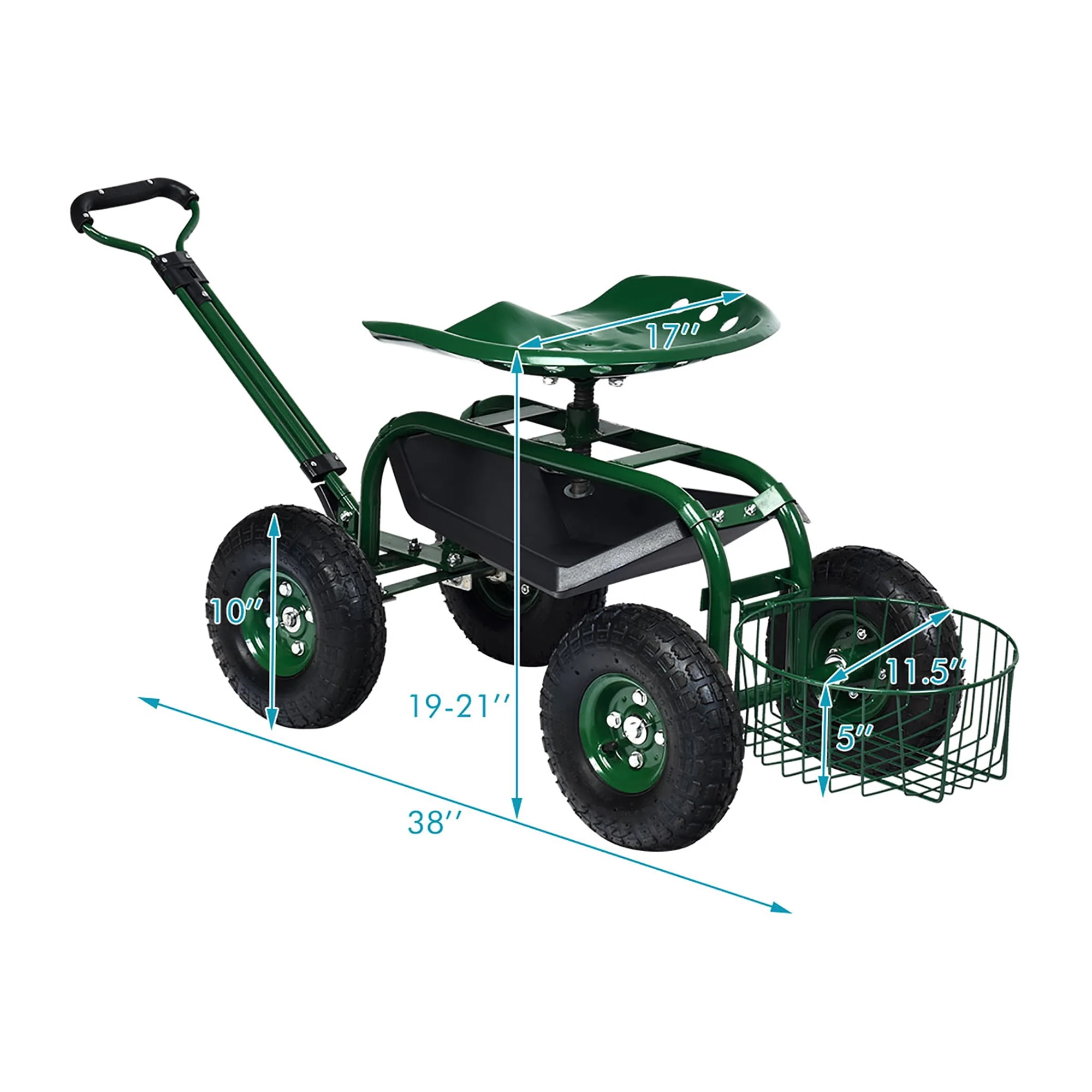 Costway Garden Cart Rolling Work Seat w/Tray Basket E xtendable Handle Green
