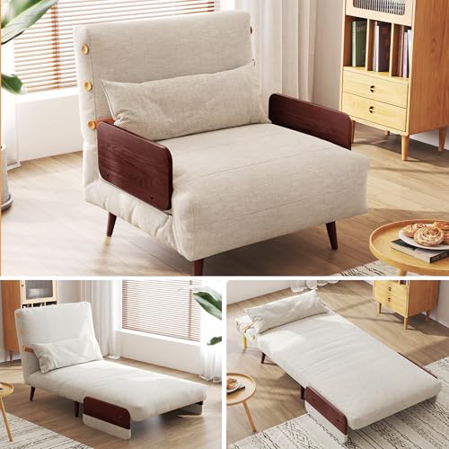 3-in-1 Convertible Chair Bed Sleeper for Adults, Linen Convertable Sleeper Chair with Wooden Arms & Pillows, Foldable Single Futon Sofa Bed (Mid Century with Walnut Arm, 36.6" Wide)