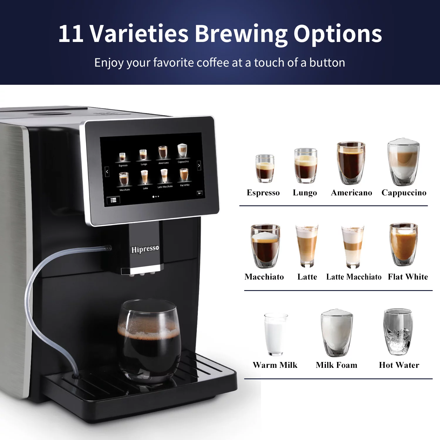Hipresso Programmable Super-automatic Espresso Coffee Machine with Large 7 inches HD TFT Display