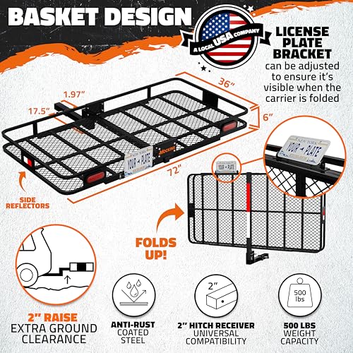 Mockins XXL 72"x36"x6" Folding Trailer Hitch Cargo Carrier w/ 50 CuFt Waterproof Cargo Bag for Hitch Carrier | 500 Lbs Cap Luggage Rack for SUV Car & Truck w/Rear Lights, License Plate Holder & More