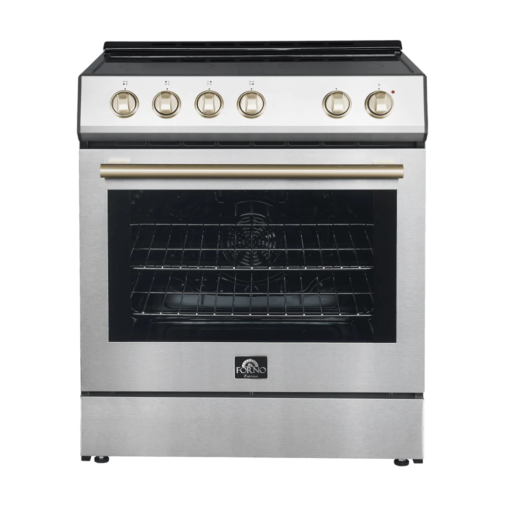 Forno Espresso 30 Electric Range in Stainless Steel with Antique Brass Handles, FFSEL6012-30