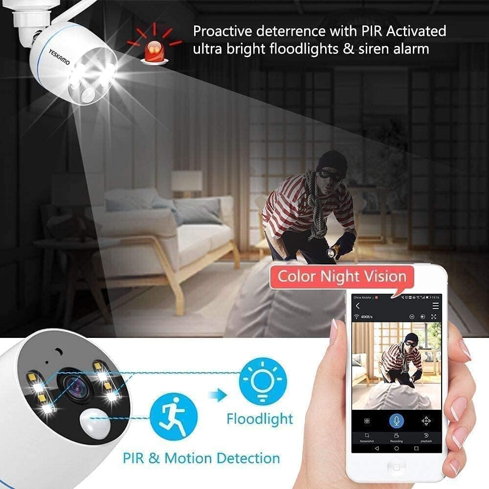 YESKAMO Add on Wireless Security Camera Outdoor with Floodlight 3MP Home Security Camera with Two Way Audio, Siren Alarm, Color Night Vision, PIR Motion,No SD Card