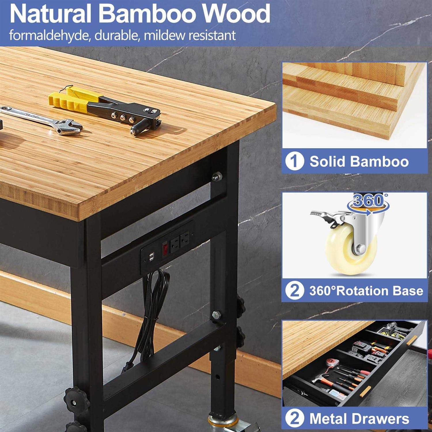 Work Bench, Adjustable Workbench with Drawer Storage, Heavy Duty Bamboo Wood Work Table with Power Outlet and Wheels for Garage Home Office - Shop Hardware Tools Online Store