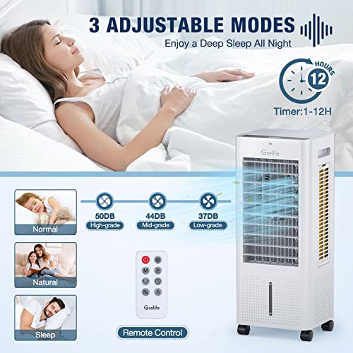 Grelife Air Cooler,3-IN-1 Portable Evaporative Air Cooler Cooling Fan with 4 Ice Packs,12H Timer,1.58 Gallons,Remote Control,3 Modes,3 Speeds,Personal Swamp Cooler for Bedroom, Home, Office