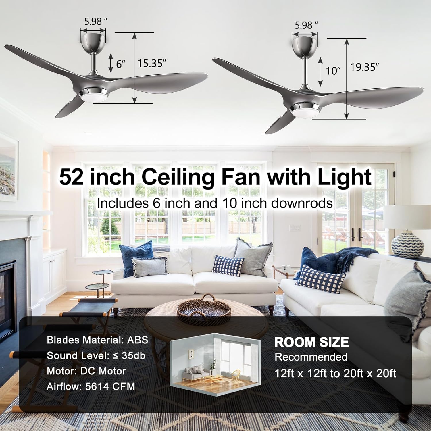 reiga 52 Inch Modern Smart Ceiling Fan with Light and Remote Control, Living Room Bedroom 3 Blade Ceiling Fans with Reversible Quiet DC Motor, Silver