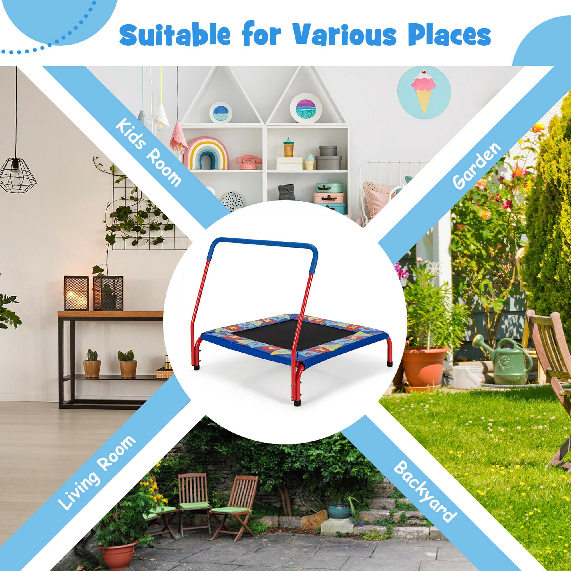 Gymax 36'' Kids Square Trampoline Indoor Outdoor Rebounder W/Foam Handrail Alphabet Pad
