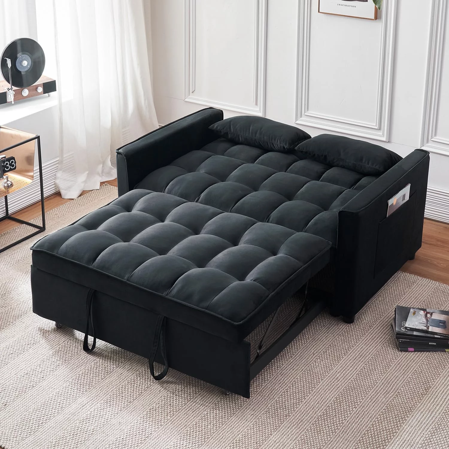 Tzicr 55.5'' 3-in-1 Convertible Sleeper Sofa Bed, Modern Velvet Loveseat Futon Couch Pullout Bed with Adjustable Backrest, Side Storage Pockets and Pillows. (Black) - Curated Treasures Market