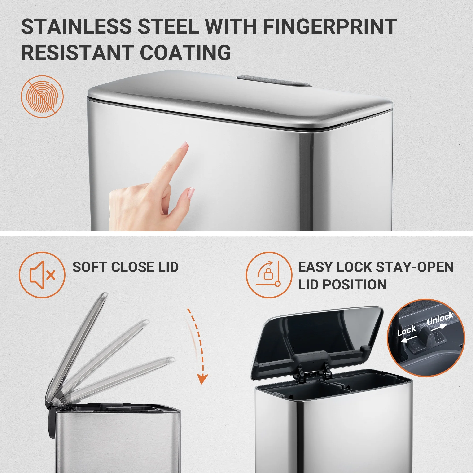 Innovaze 9.5 Gallon Trash Can, 4.75 Gallon Dual Compartment Recycling Step-On Kitchen Trash Can, Stainless Steel