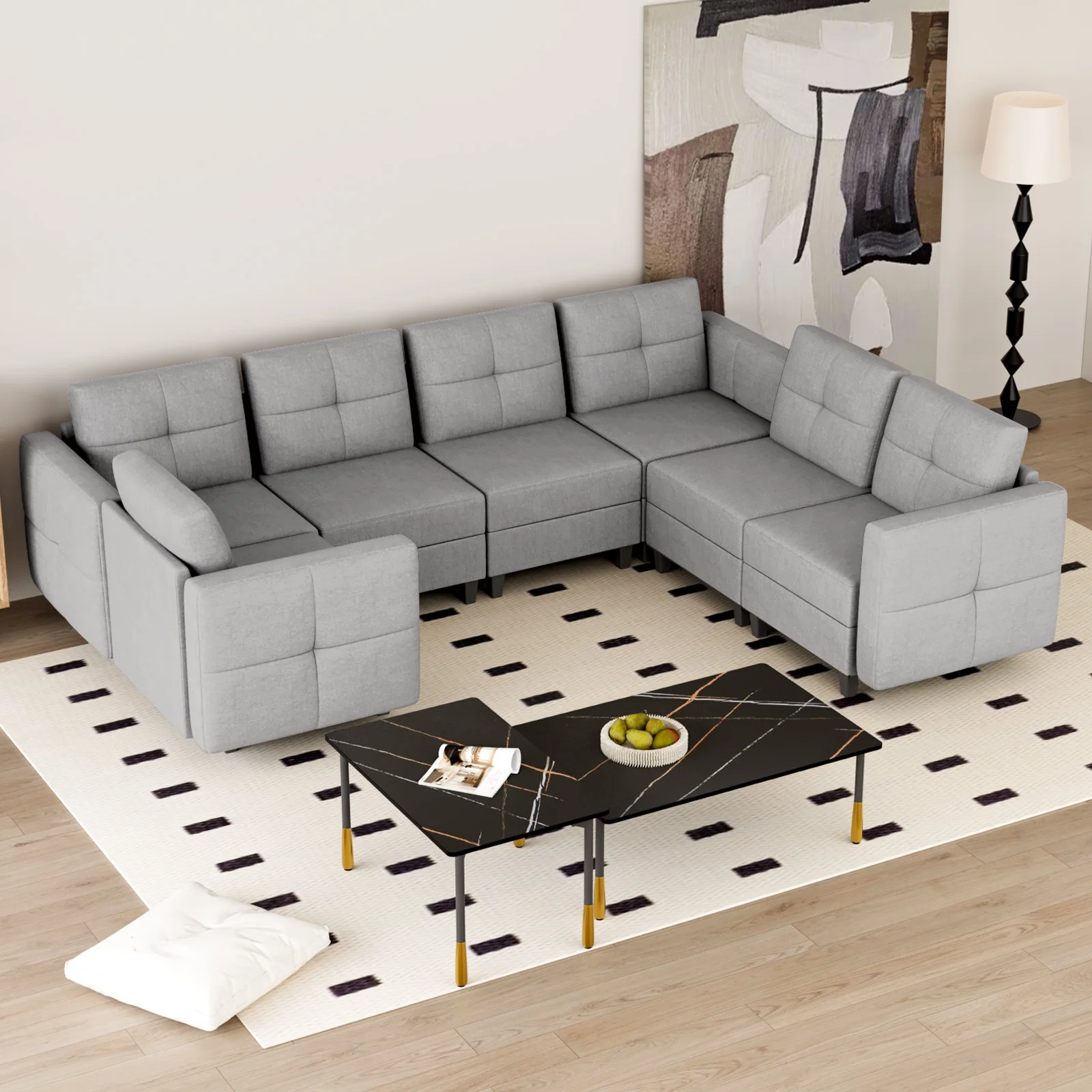 35"H Modular Sectional Sofa Couch with Storage for Living Room, Sectional with Eversible Ottomans, Apartment Sleeper Sofa Bed, Gray