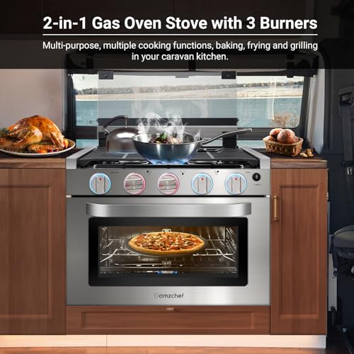 AMZCHEF 21 Inch RV Gas Range Stove 12V. Gas Range Oven for RV Use with 3 Burners, 1.77 Cu.Ft. Capacity Gas Oven, 28,100BTU, Open Flame Configuration, Knob work indicator, Heavy Duty Cast Iron Grates
