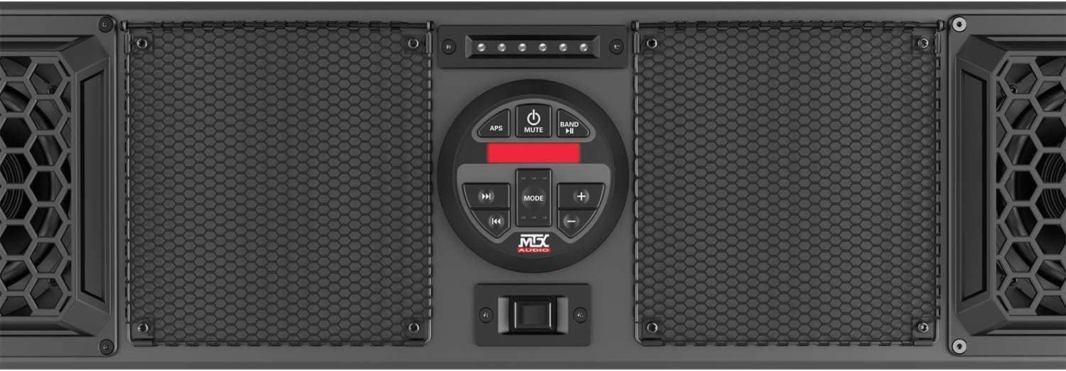 MTX Audio MUDSYS46 Bluetooth Overhead UTV Audio System Adventure Bundle with Eton Sidekick Weather Radio and Phone Mount. All-Weather ATV/Powersports Soundbar with Four Speakers and Built-In Amplifier