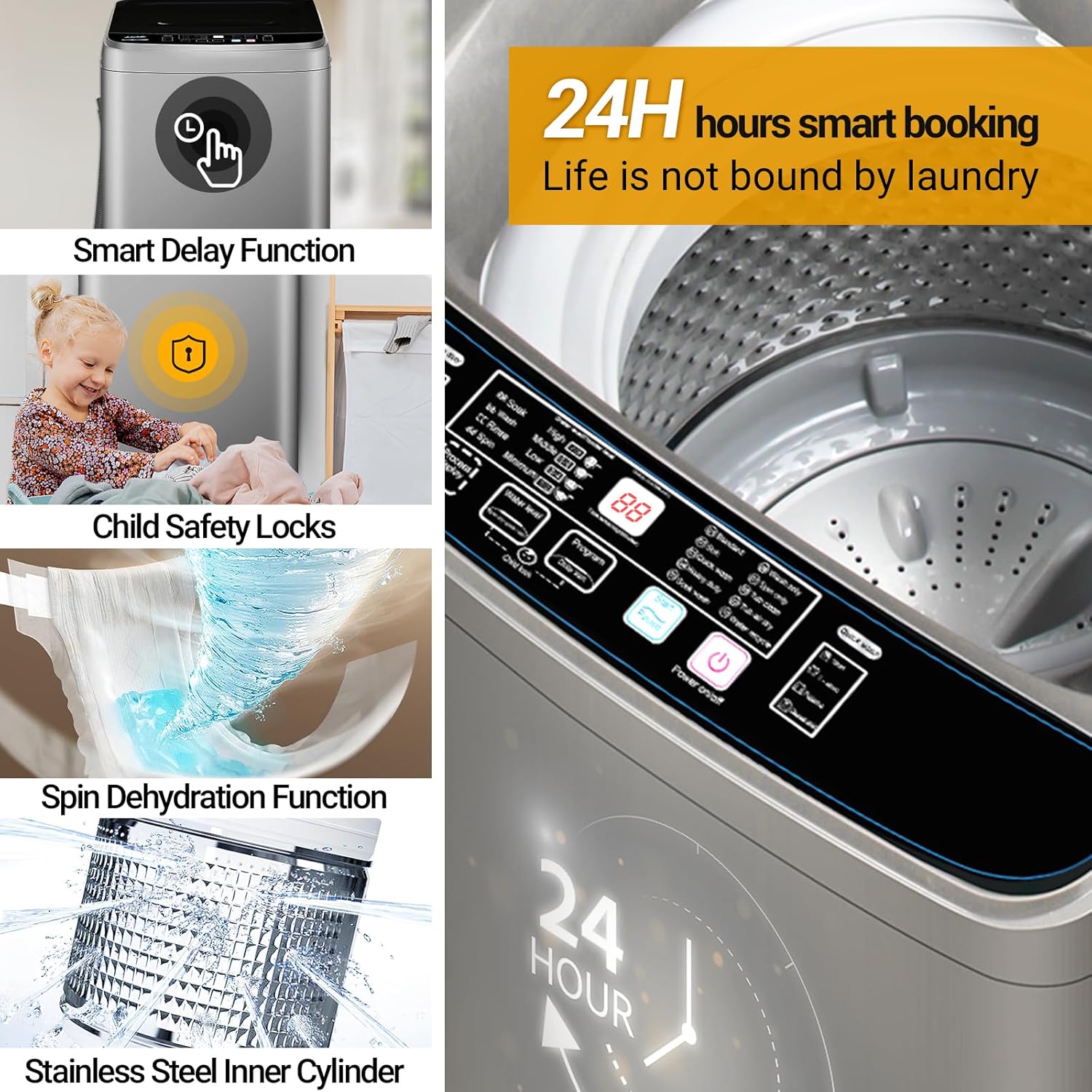 Full-Automatic Washing Machine, 17.7lbs Portable Washing Machine with Led Display, Portable Washer for Household 10 Wash Programs,Small Washing Machine for Apartment, Home, Dorm, RV(Grey)