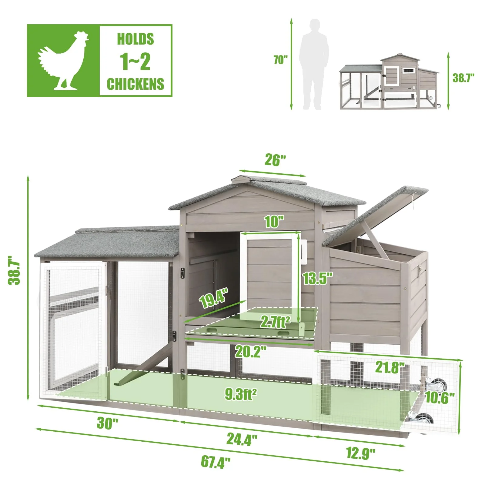 PetsCosset Large Chicken Coop with Wheels, Backyard Wooden Hen House Outdoor for 2-3 Chickens, 2 Story Poultry Cage Chicken Coop and Run, Nesting Box, Pull Out Trays, for Small Animals Rabbit Duck