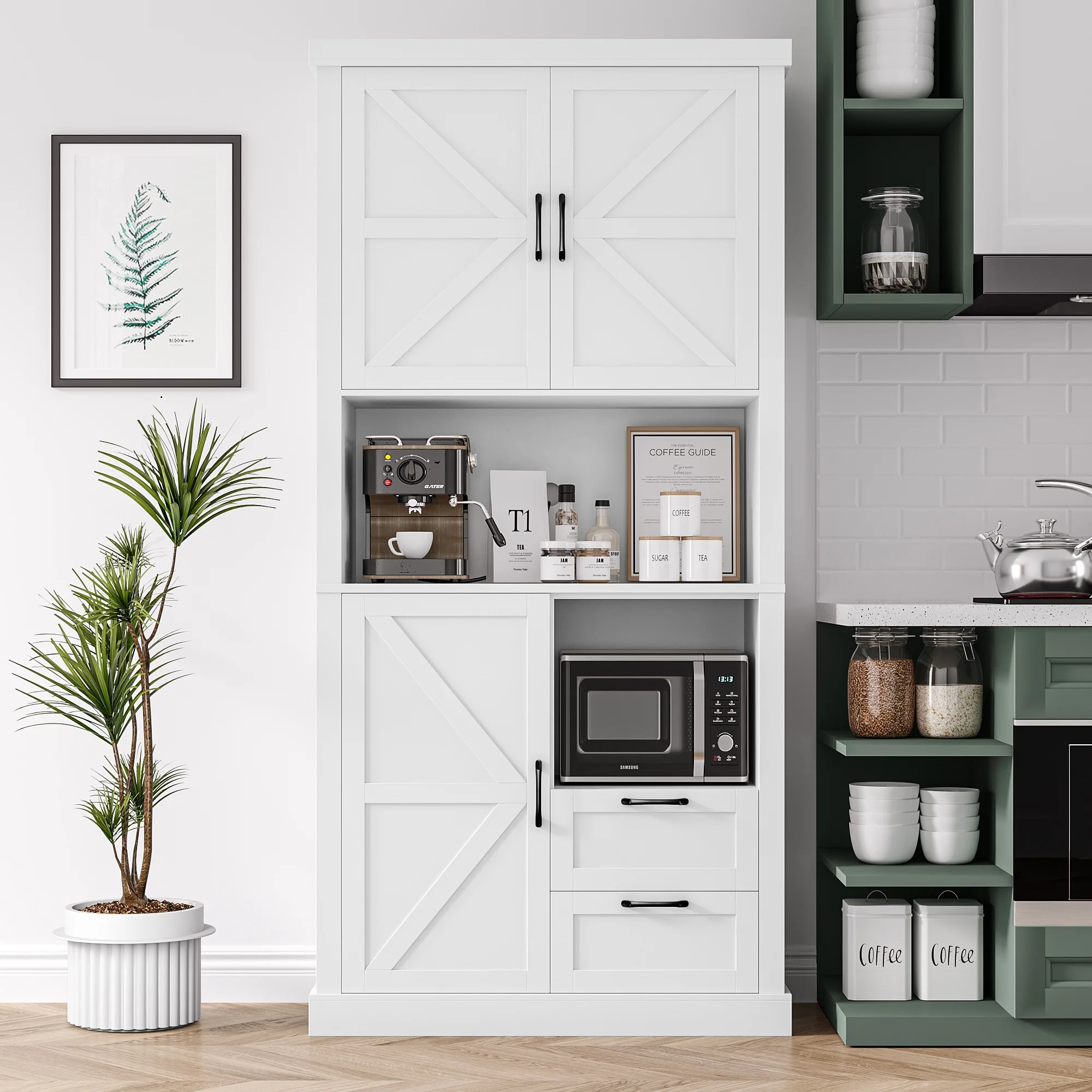Homfa 76" Tall Kitchen Pantry, Free-standing Wood Storage Cabinet with Farmhouse Barn Doors for Dining Room, White - Curated Treasures Market