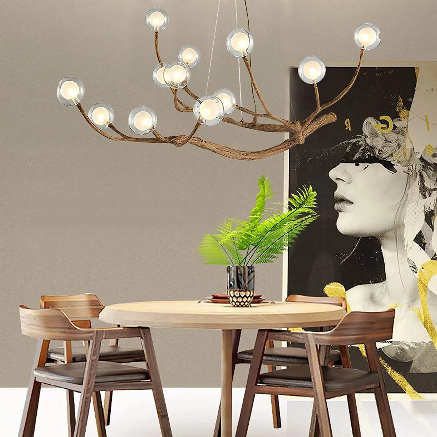 Miumaeov Modern Wood Branch Chandelier, 12 Lights Glass Bubble LED Pendant Ceiling Light, Adjustable Hanging Vintage Flush Mount Ceiling Light Fixture