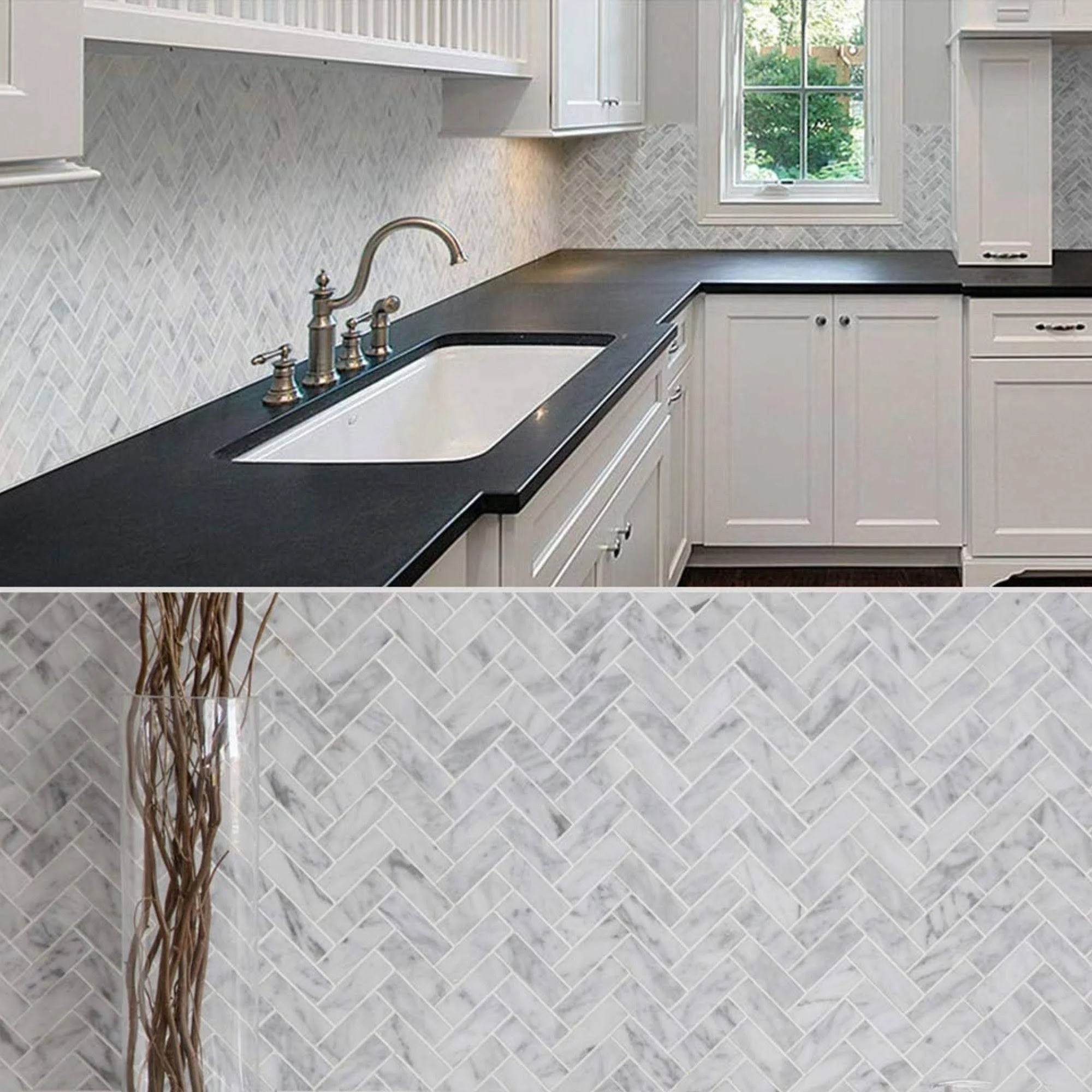 Carrara Marble Mosaic Decorative Backsplash Tile , 12x22x 12x22x 0.38x22/pc - Herringbone - 10pc