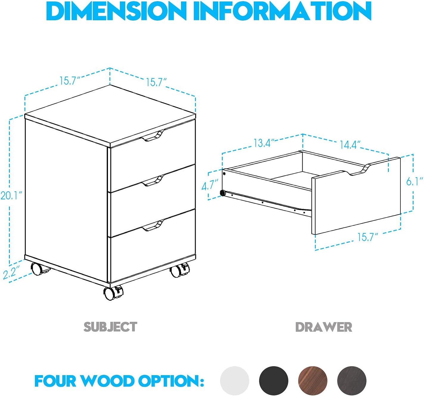 3 Drawer Wood Rolling Office Filing Cabinet for Desk (Dark Walnut)