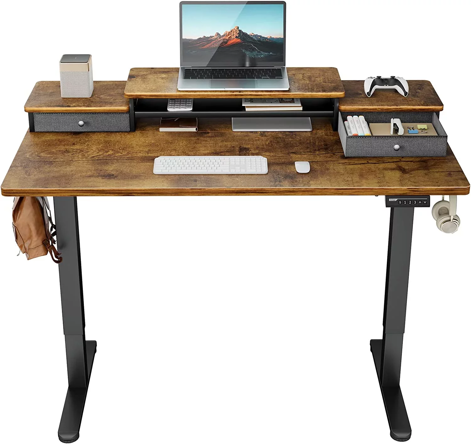 48x24 Inches Adjustable Height Electric Standing Desk with Double Drawers and Storage Shelf Stand Up Desk Computer Desk for Home Office