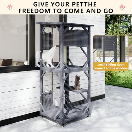 LEMBERI Cat House Outdoor Catio Cat Enclosures on Wheels, 71" Large Outside Patio Wooden Cat Cage Resting Box,Scratching Post, Waterproof Roof (Gray, 71")