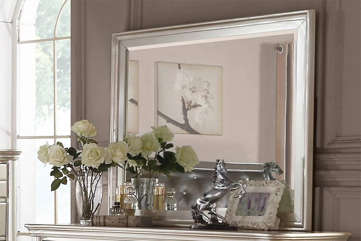 Classic Elegant 4pc Bedroom Set Satin Finished Silver Eastern King Size Bed Dresser Mirror Nightstand Furniture