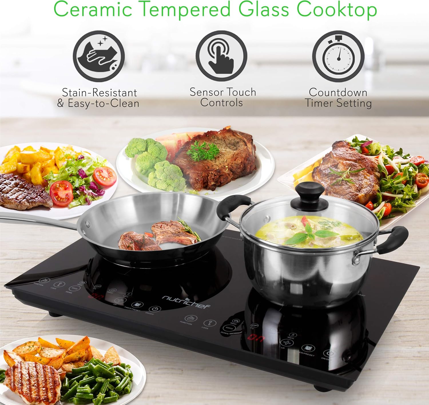 NutriChef Dual 120V Electric Induction Cooker - 1800w Portable Digital Ceramic Countertop Double Burner Cooktop w/ Kids Safety Lock - Works w/ Stainless Steel Pan / Magnetic Cookware