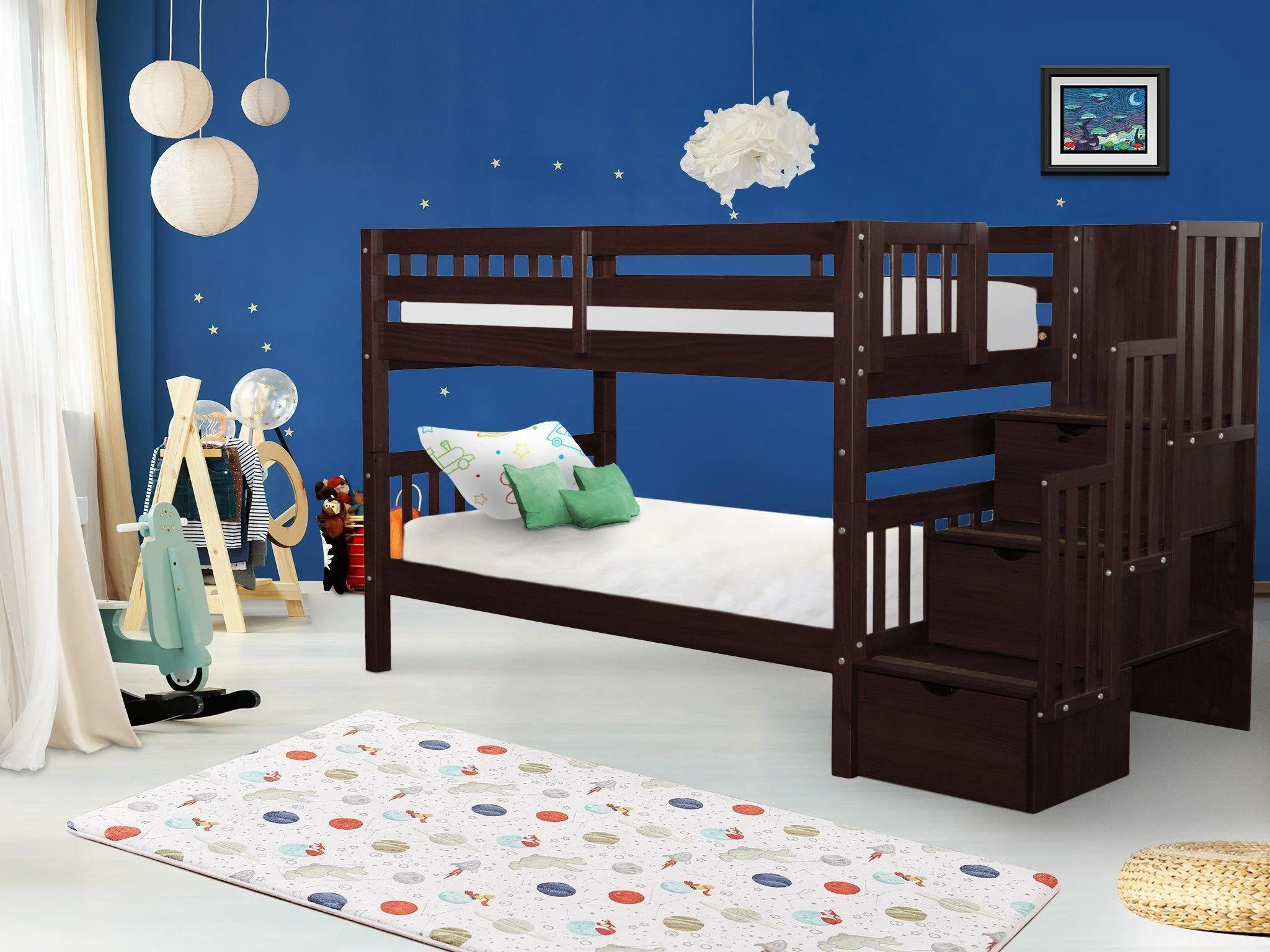 Bedz King Stairway Bunk Beds Twin over Twin with 3 Drawers in the Steps, Dark Cherry