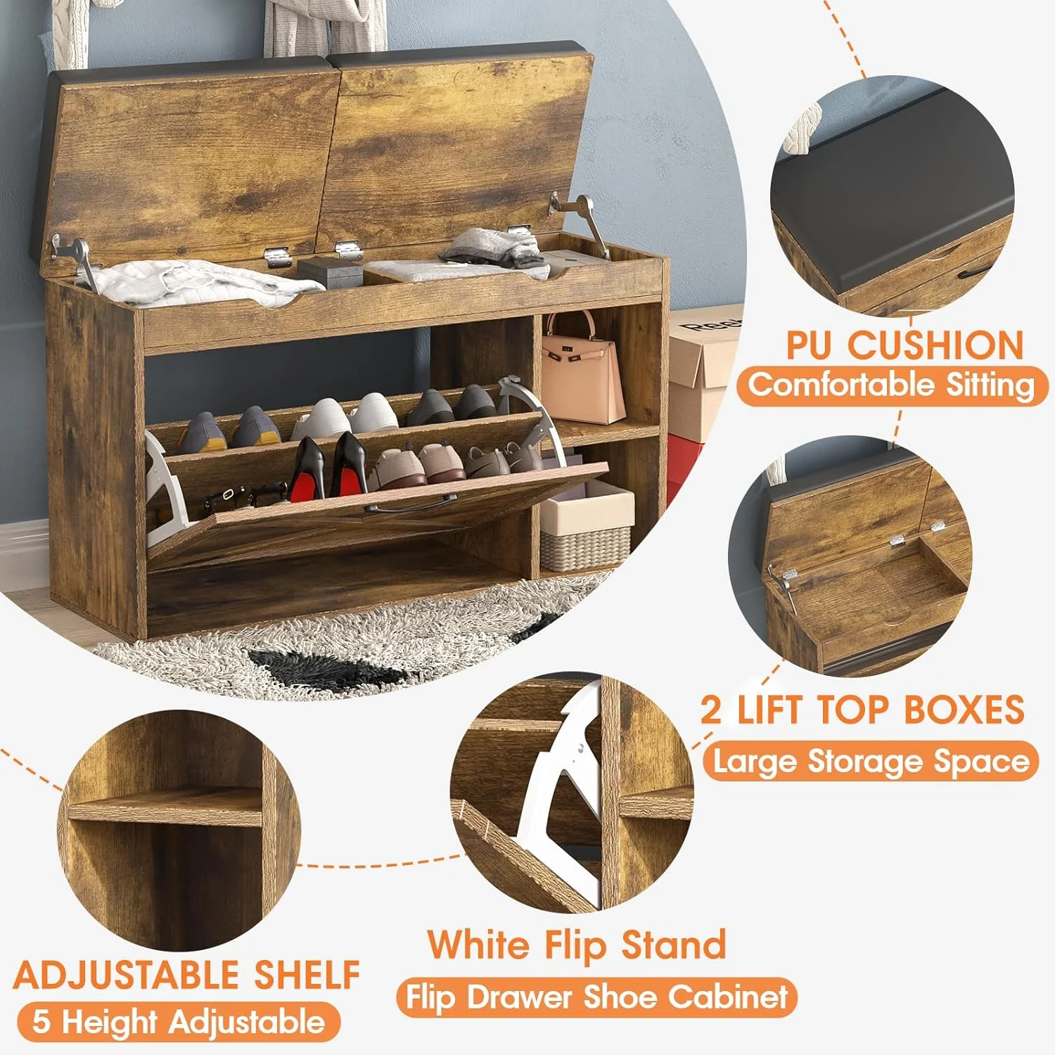 WAGEE Shoe Storage Bench with Flip Drawer, Entryway Bench with 2 Lift Top Storage Boxes, Adjustable Shelf, Narrow Shoe Rack Shoe Cabinet for Entryway Slim, Living Room, Bedroom, Mudroom,Rustic Brown