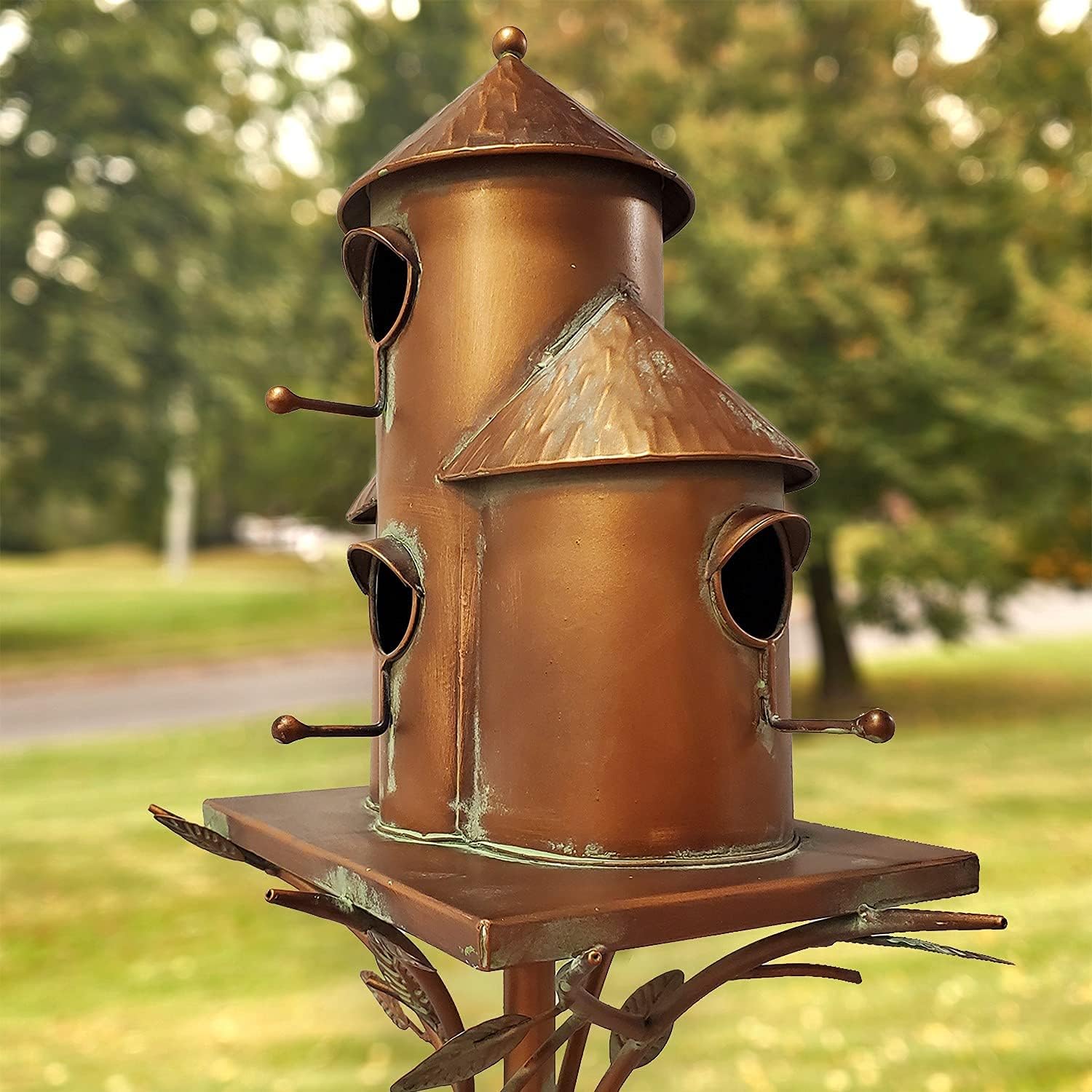 Zaer Ltd. Large Copper Colored Multi-Birdhouse Stakes, Room for 4 Bird Families in Each (Castle Home)