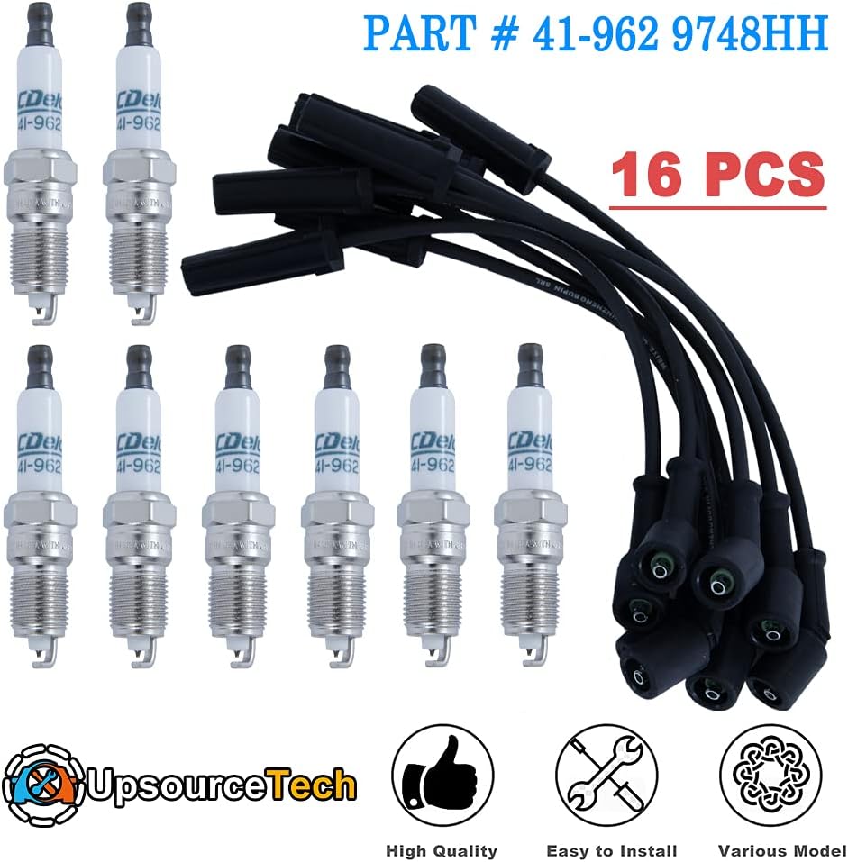8x 9748HH Spark Plug Wires & 41-962 Spark Plugs Set for Cadillac Escalade/ Chevrolet Sliverado Suburban Avalanche/ GMC Yukon SIERRA XL LS2 LS3 LS4 LS7 Engines 4.8L 5.3L 6.0L 1999-2012 Pack of 2