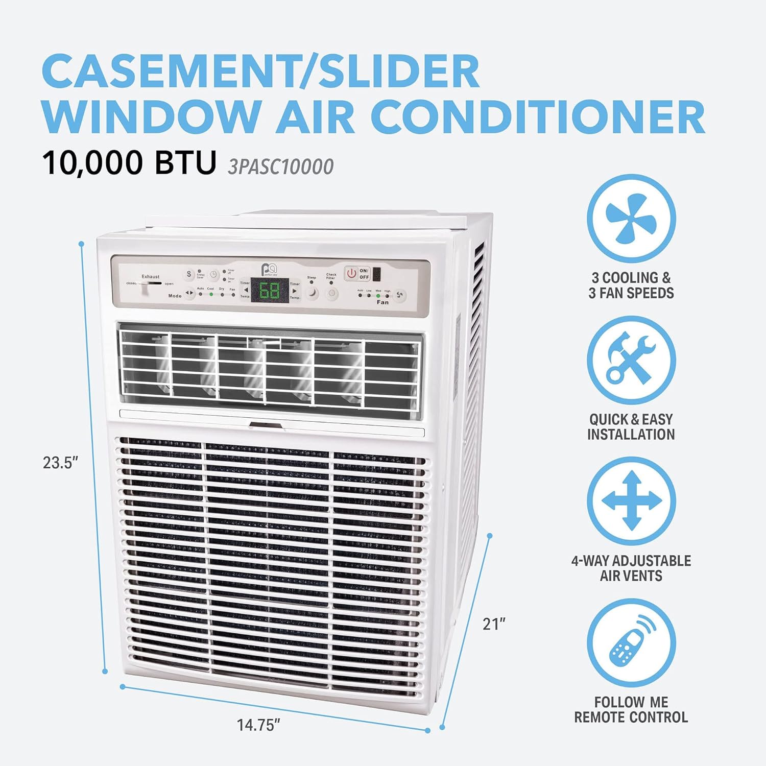 PerfectAire 10,000 BTU Slider Air Conditioner Window A/C - Casement, 10000, Gray